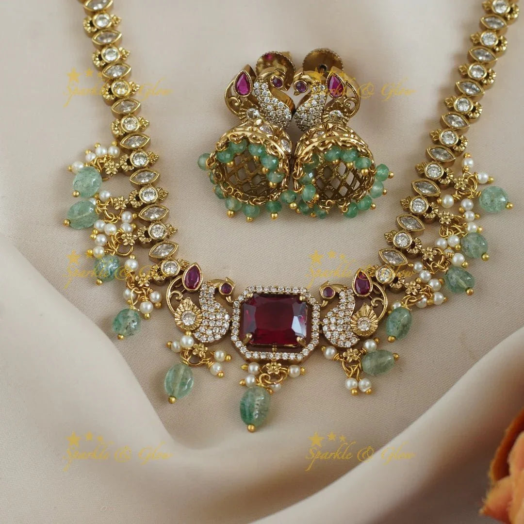 Stunning Antique Peacock Floral carved short necklace - Sparkle and Glow