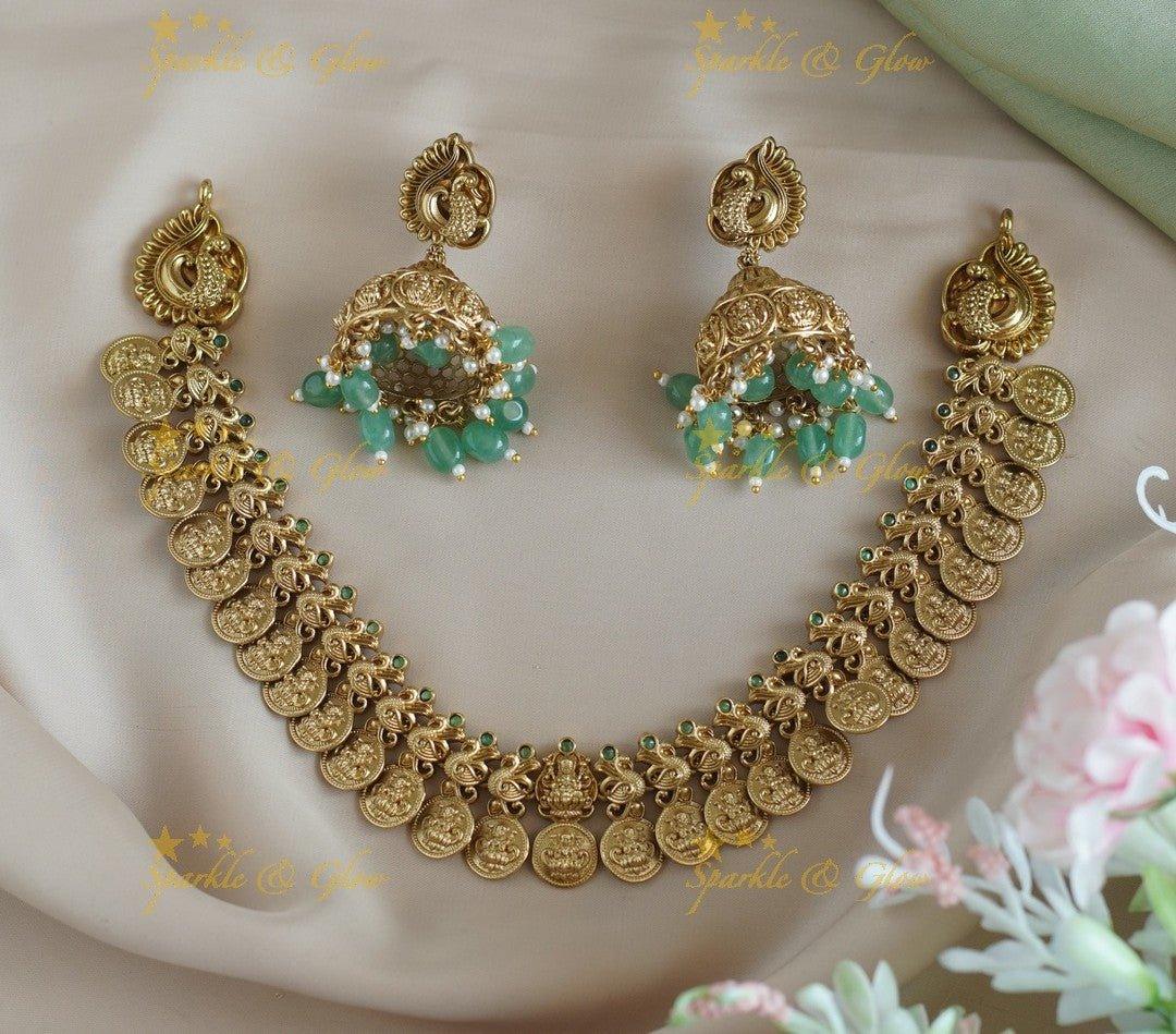 Stunning Idol Lakshmi Peacock carved Coin short necklace - Sparkle and Glow