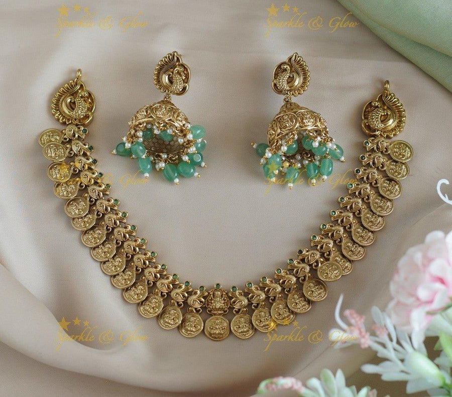 Stunning Idol Lakshmi Peacock carved Coin short necklace - Sparkle and Glow