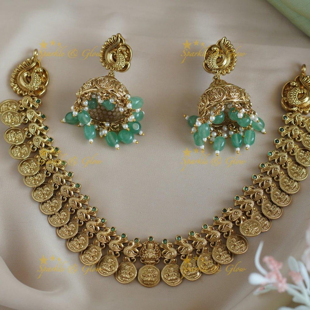 Stunning Idol Lakshmi Peacock carved Coin short necklace - Sparkle and Glow