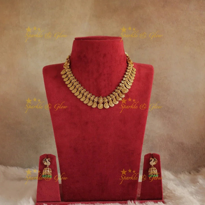 Stunning Idol Lakshmi Peacock carved Coin short necklace - Sparkle and Glow