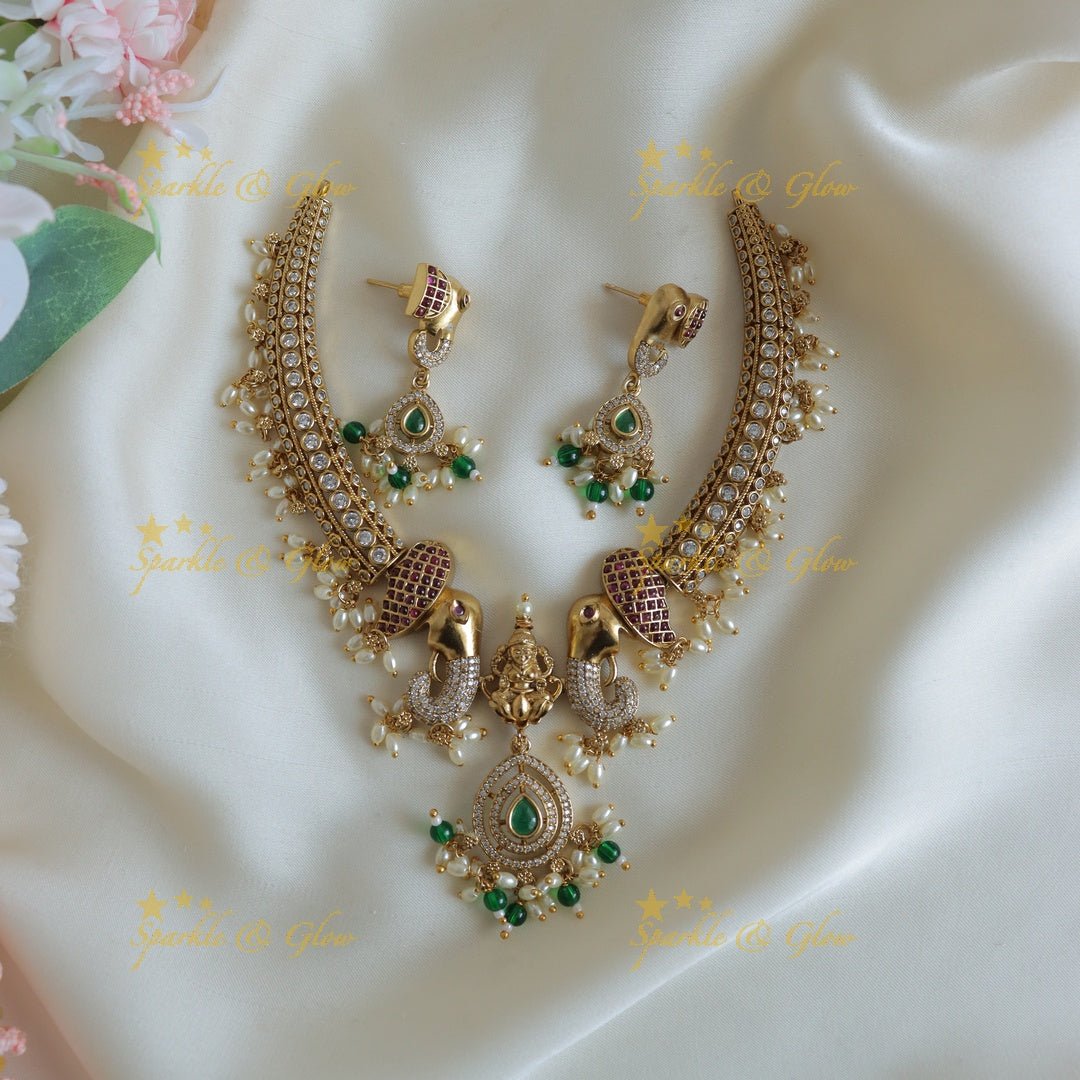 Stunning Dual tone Elephant Lakshmi carved Hasli short necklace - Sparkle and Glow - 
