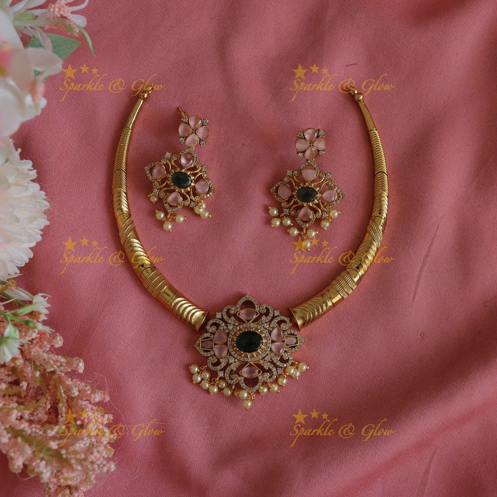 Stunning Floral pendant carved Hasli short necklace with pearls - Sparkle and Glow - 