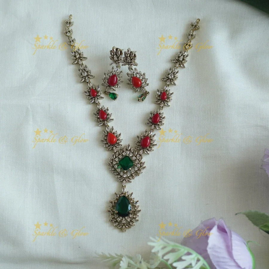Beautiful AD Floral Emerald and Coral stone short necklace - Sparkle and Glow