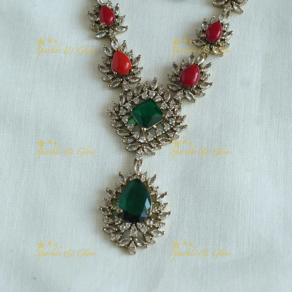 Beautiful AD Floral Emerald and Coral stone short necklace - Sparkle and Glow