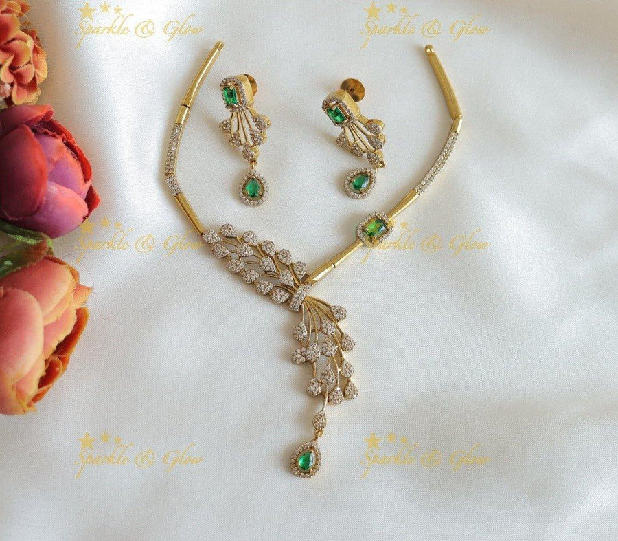 Gorgeous Leaf design AD short necklace with emerald drop - Sparkle and Glow