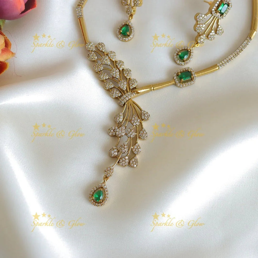 Gorgeous Leaf design AD short necklace with emerald drop - Sparkle and Glow