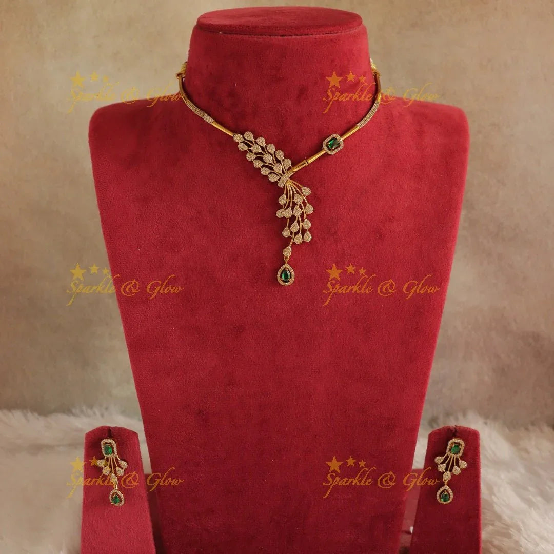 Gorgeous Leaf design AD short necklace with emerald drop - Sparkle and Glow