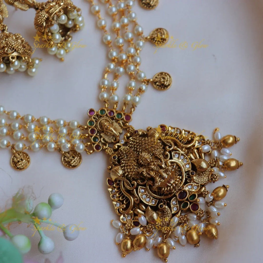Stunning Pearl layered Idol Lakshmi Ganesha carved short necklace - Sparkle and Glow