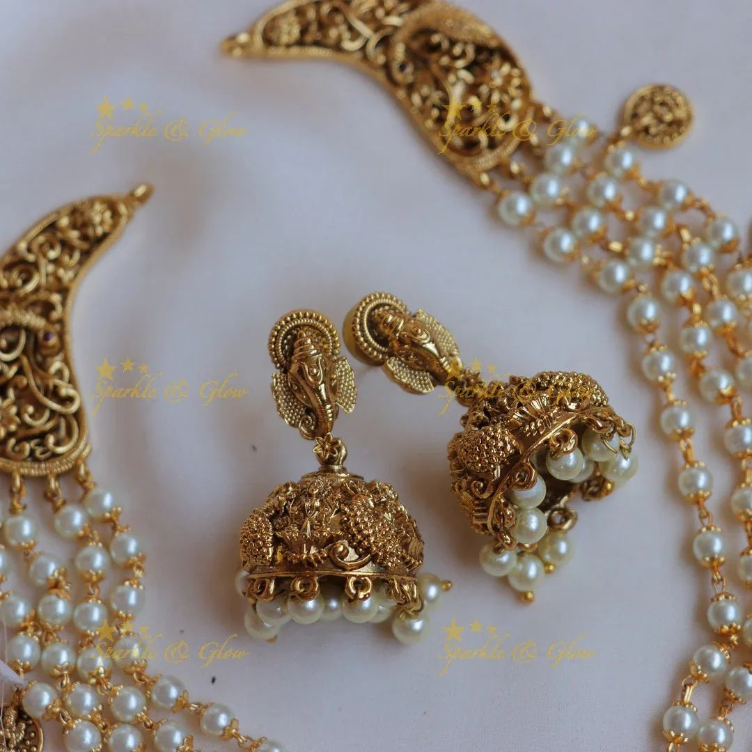 Stunning Pearl layered Idol Lakshmi Ganesha carved short necklace - Sparkle and Glow