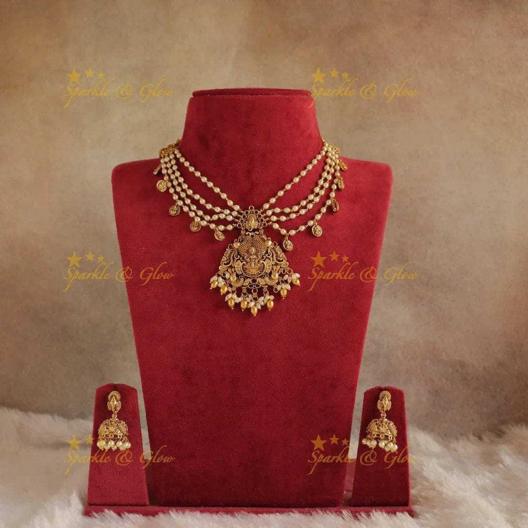 Stunning Pearl layered Idol Lakshmi Ganesha carved short necklace - Sparkle and Glow
