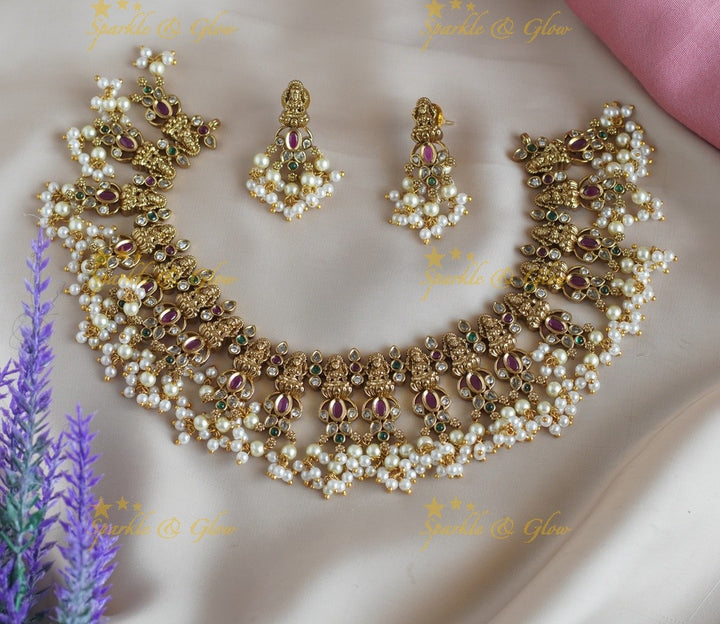 Stunning Idol Lakshmi Floral carved Guttapusalu short necklace