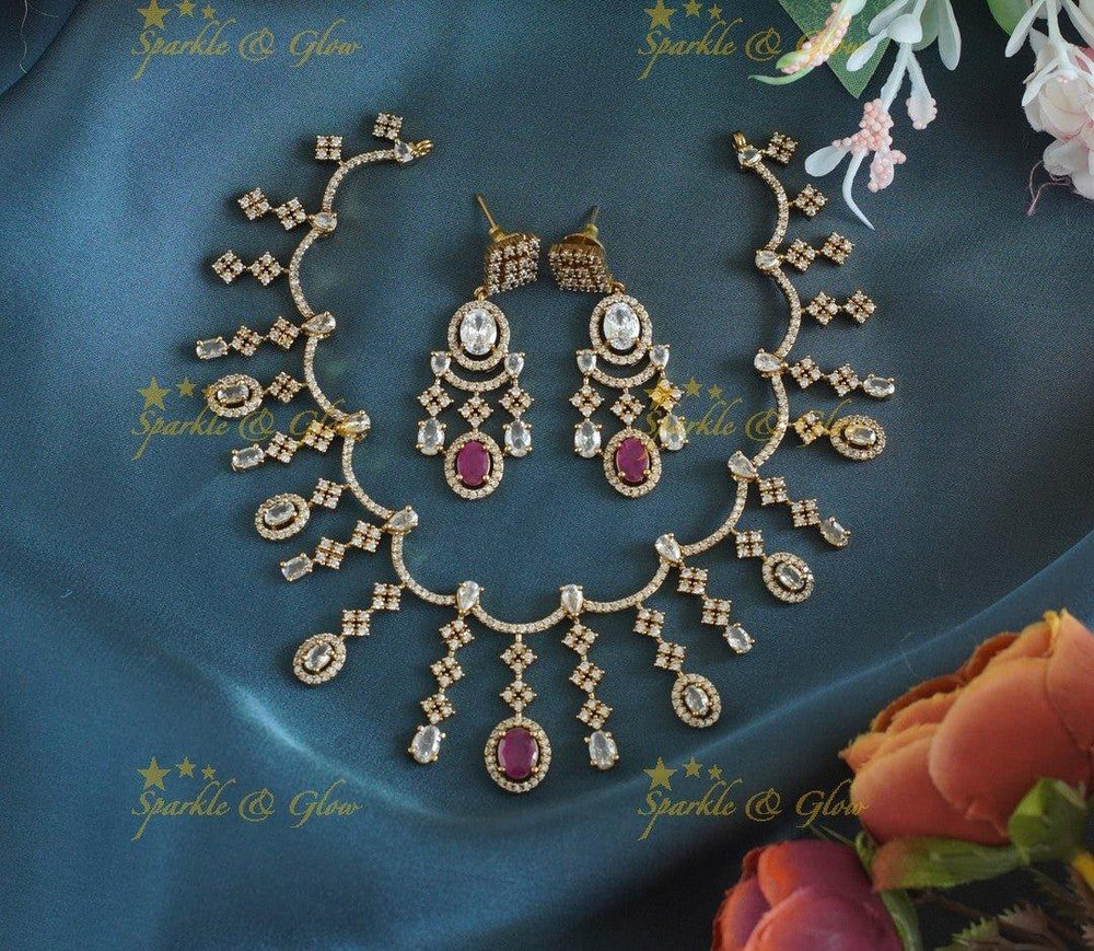 Beautiful Zigzag design AD short necklace with Ruby stones - Sparkle and Glow