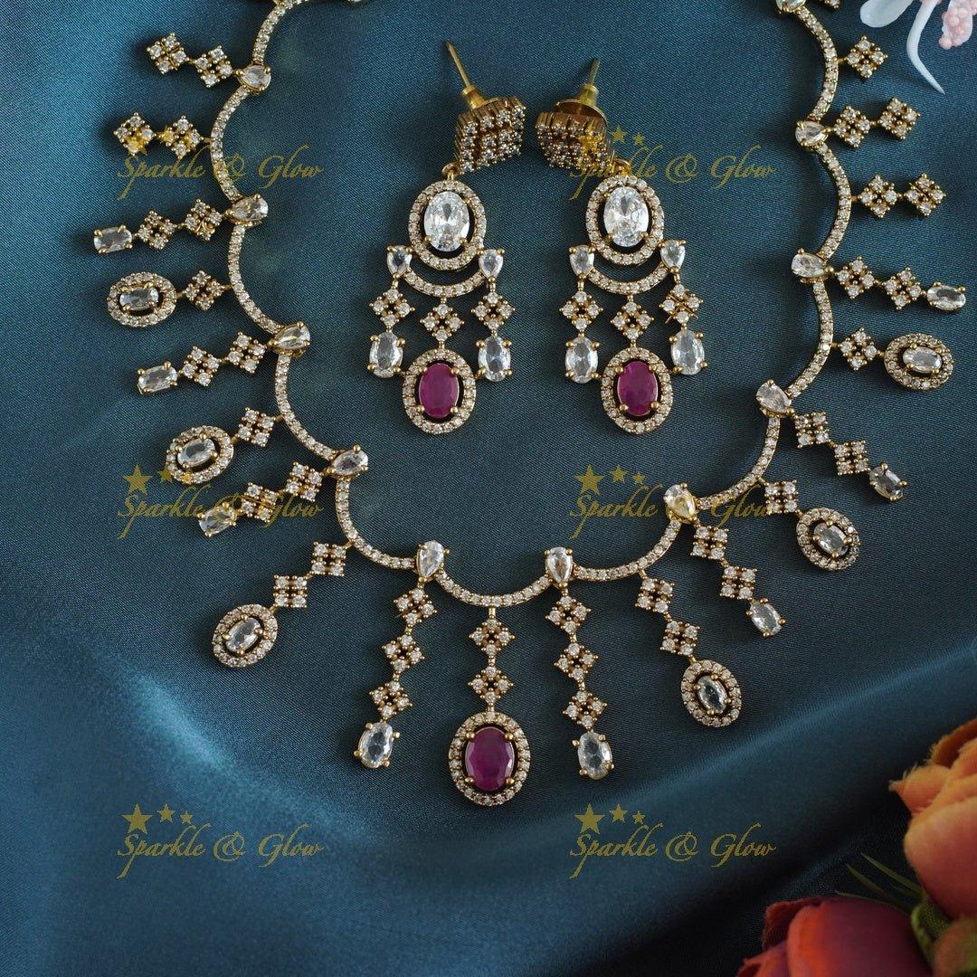 Beautiful Zigzag design AD short necklace with Ruby stones - Sparkle and Glow