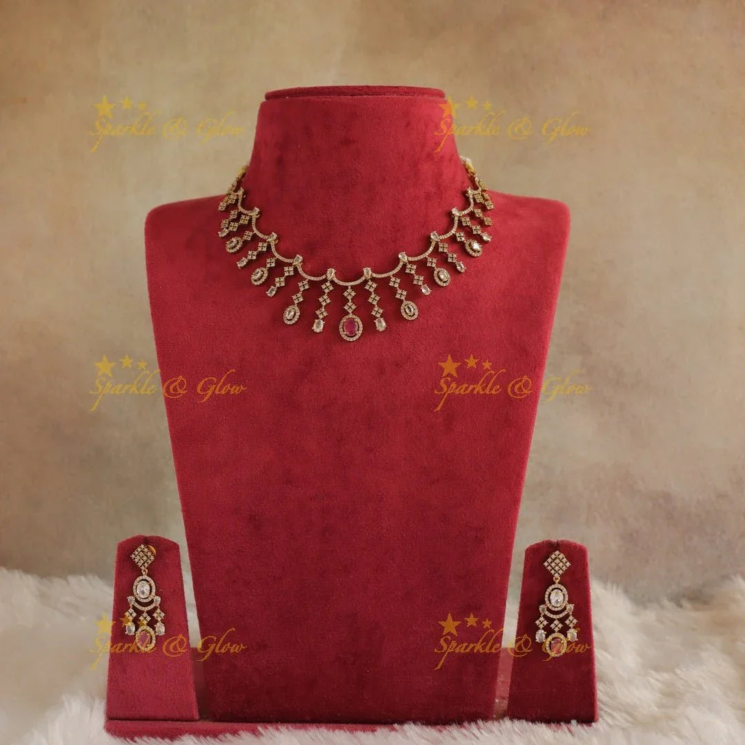 Beautiful Zigzag design AD short necklace with Ruby stones - Sparkle and Glow