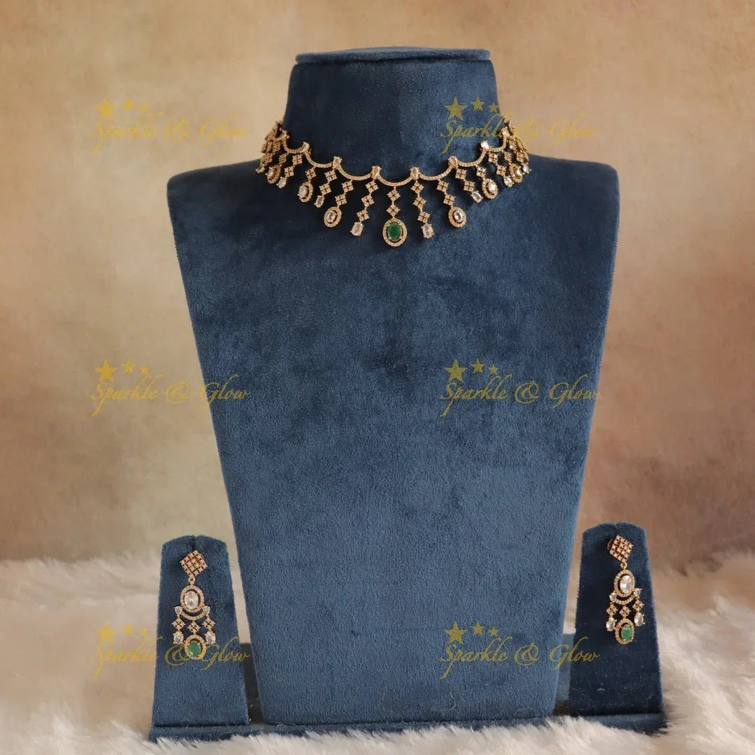 Beautiful Zigzag design AD short necklace with Ruby stones - Sparkle and Glow