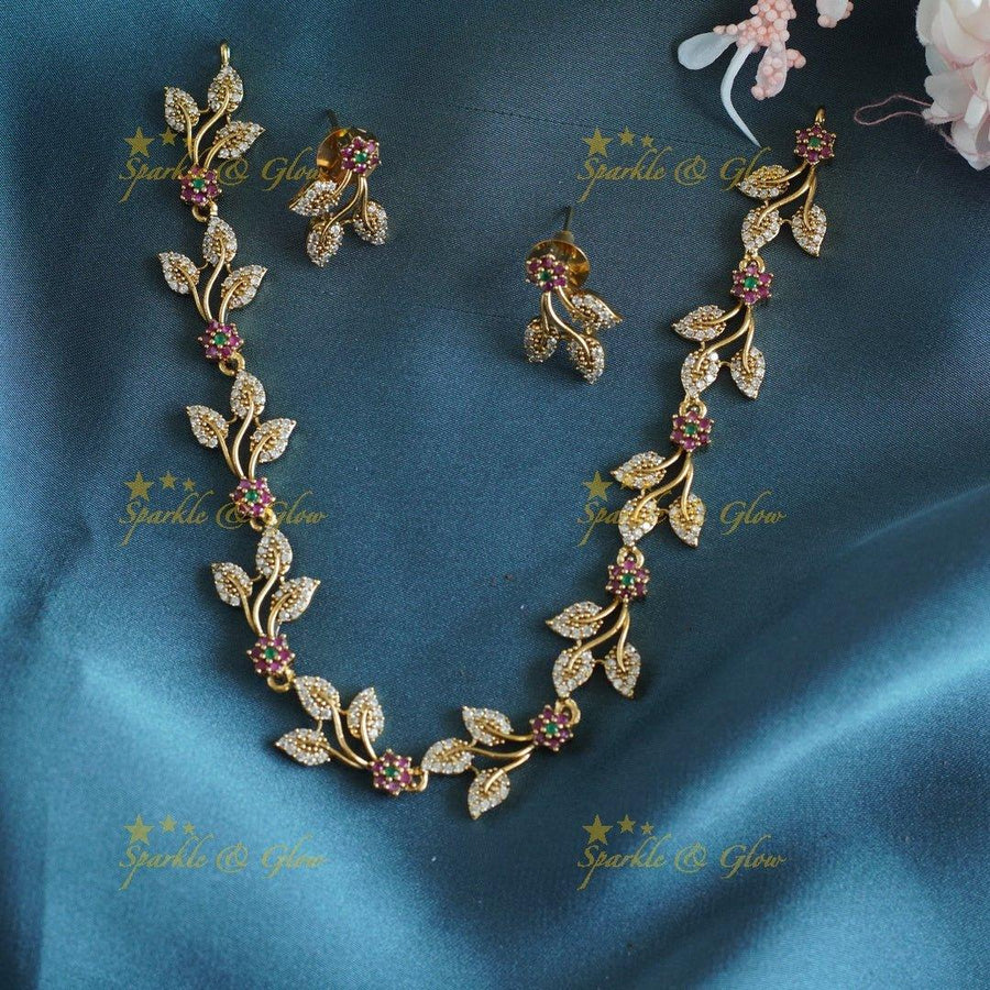 Stunning Floral Leaf branch AD short necklace - Sparkle and Glow