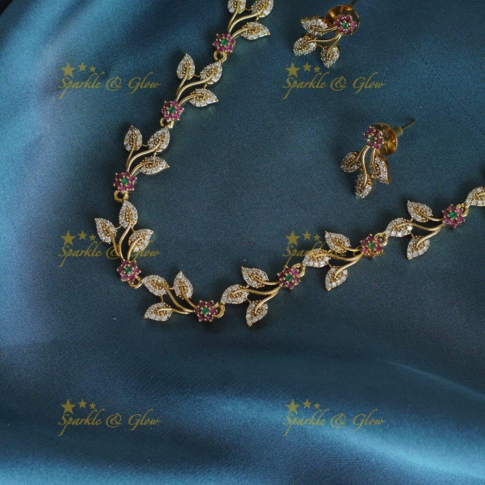 Stunning Floral Leaf branch AD short necklace - Sparkle and Glow
