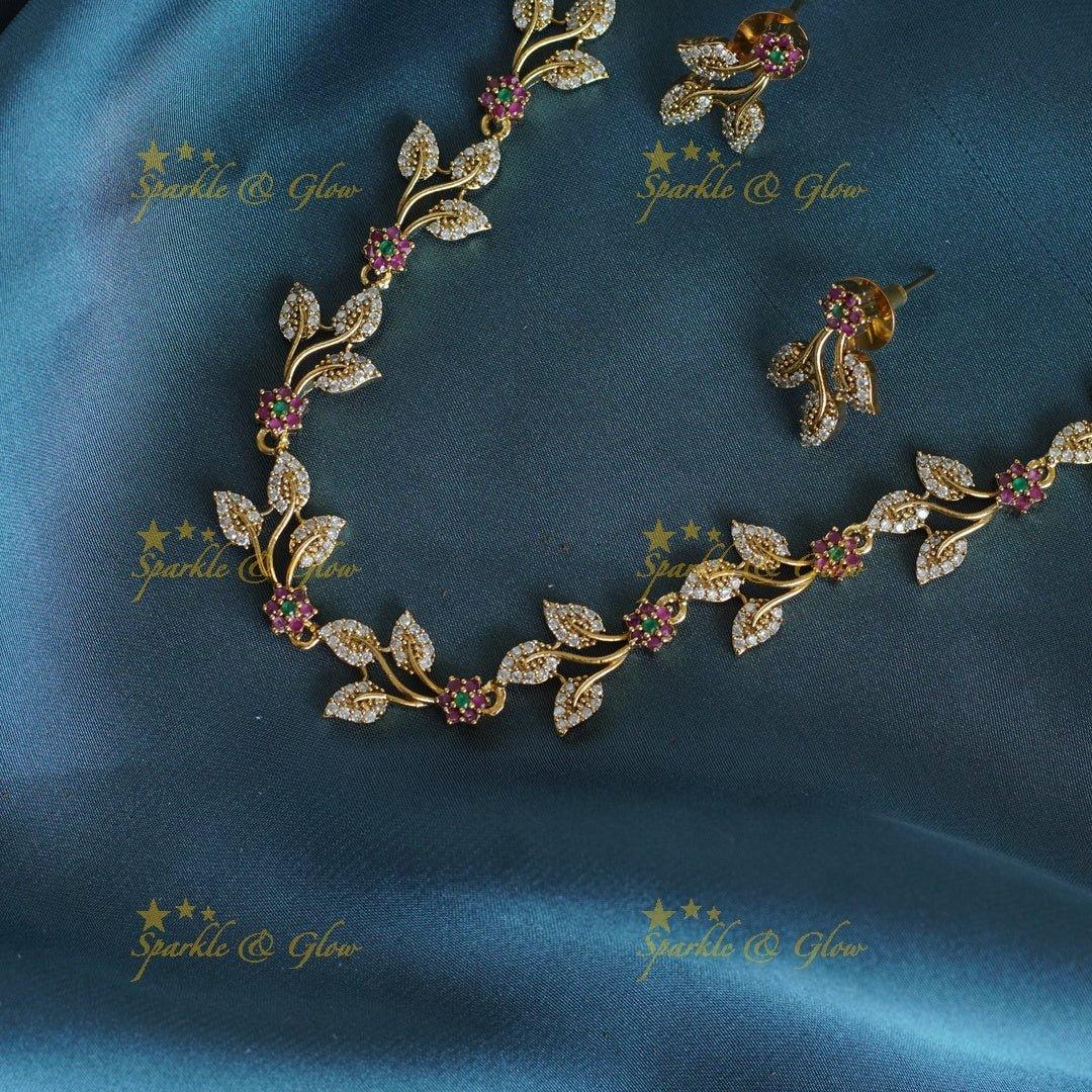 Stunning Floral Leaf branch AD short necklace - Sparkle and Glow