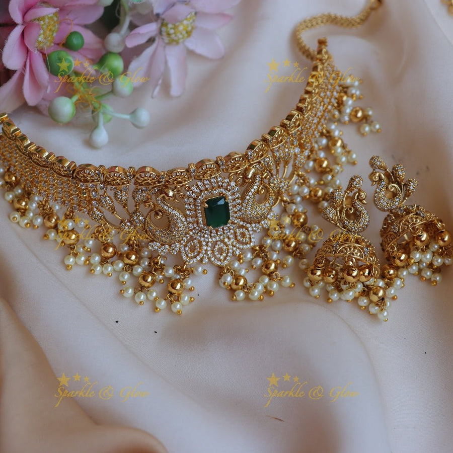 Stunning Cz Peacock Floral Guttapusalu Choker - Sparkle and Glow - 