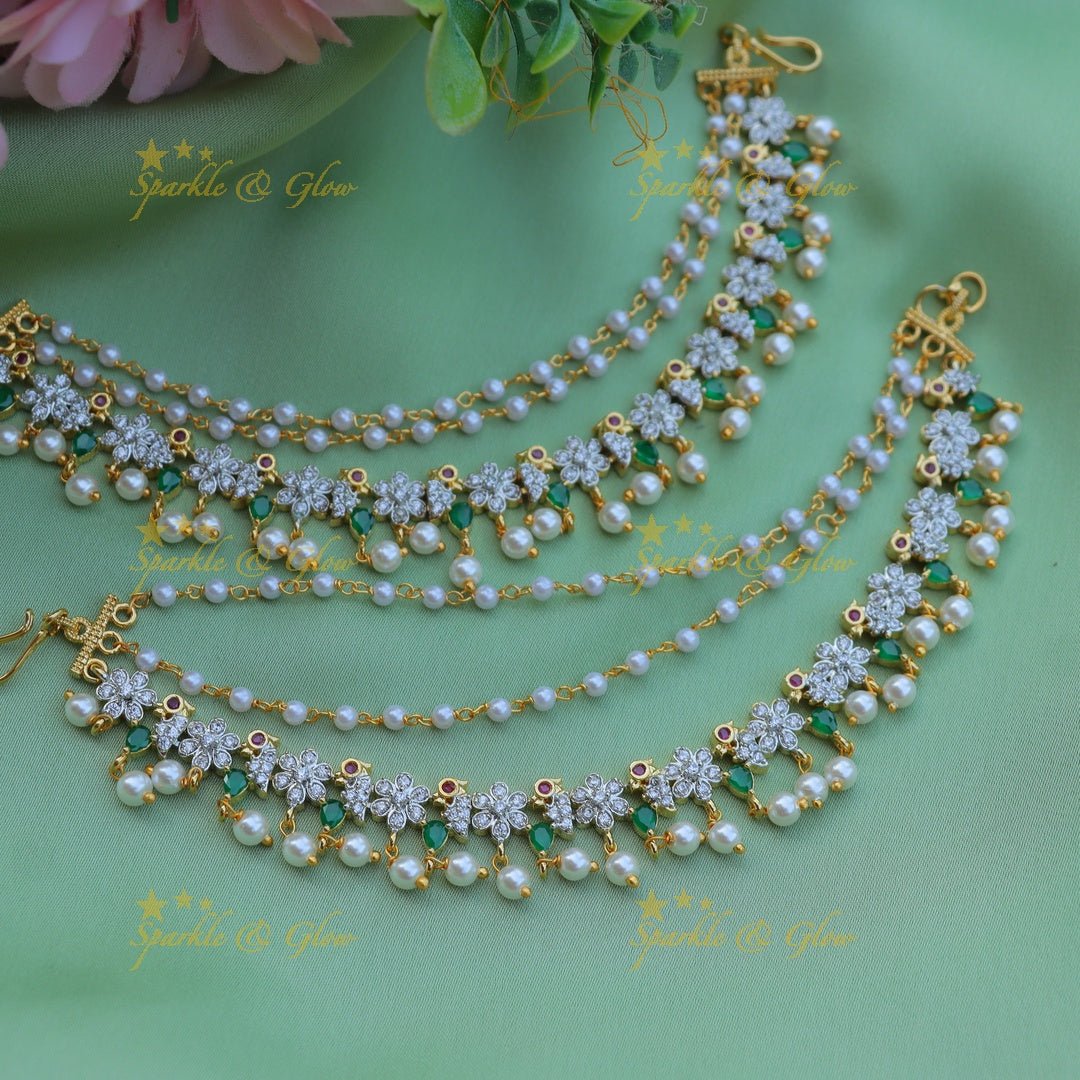 Stunning Flower and Bird design AD Earchain - Ruby - Sparkle and Glow - Green - 