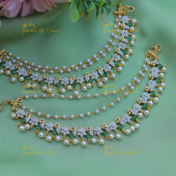 Stunning Flower and Bird design AD Earchain - Ruby - Sparkle and Glow - Green - 