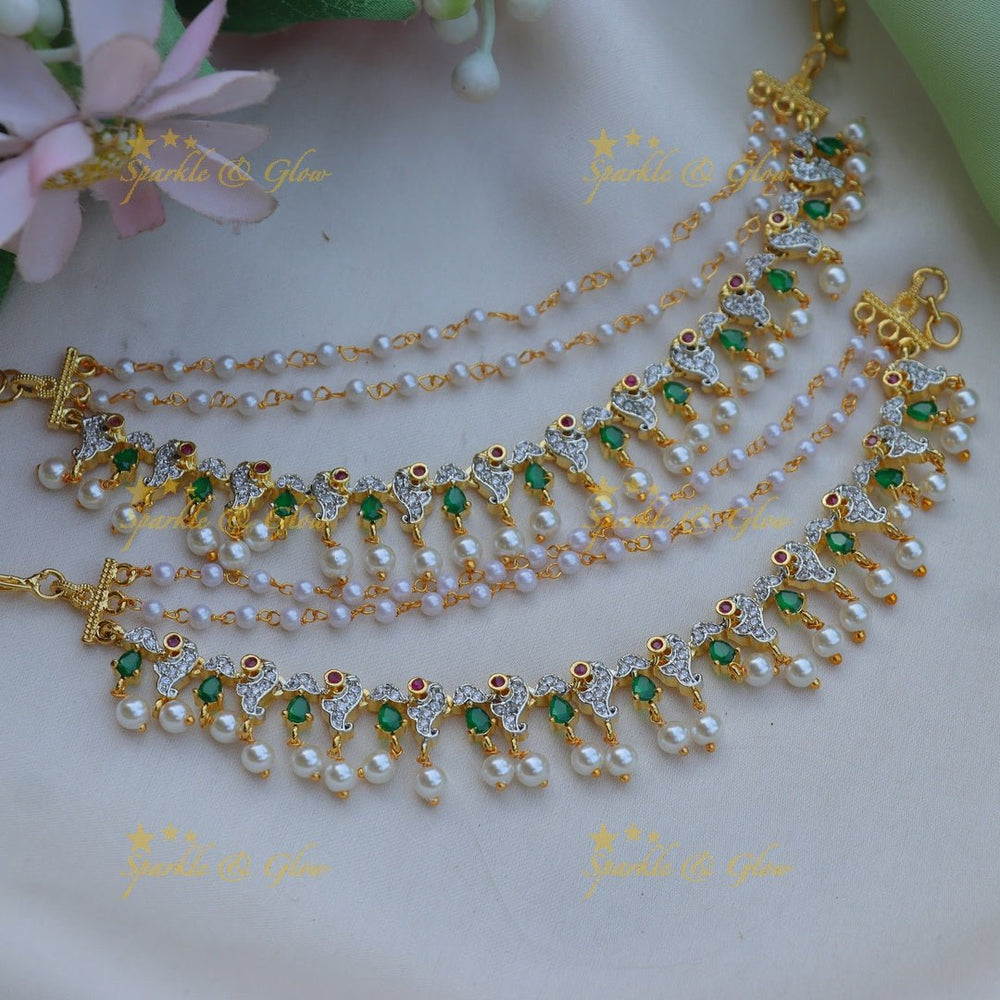 Beautiful Peacock design AD Earchain with pearls - Green - Sparkle and Glow - Green - 