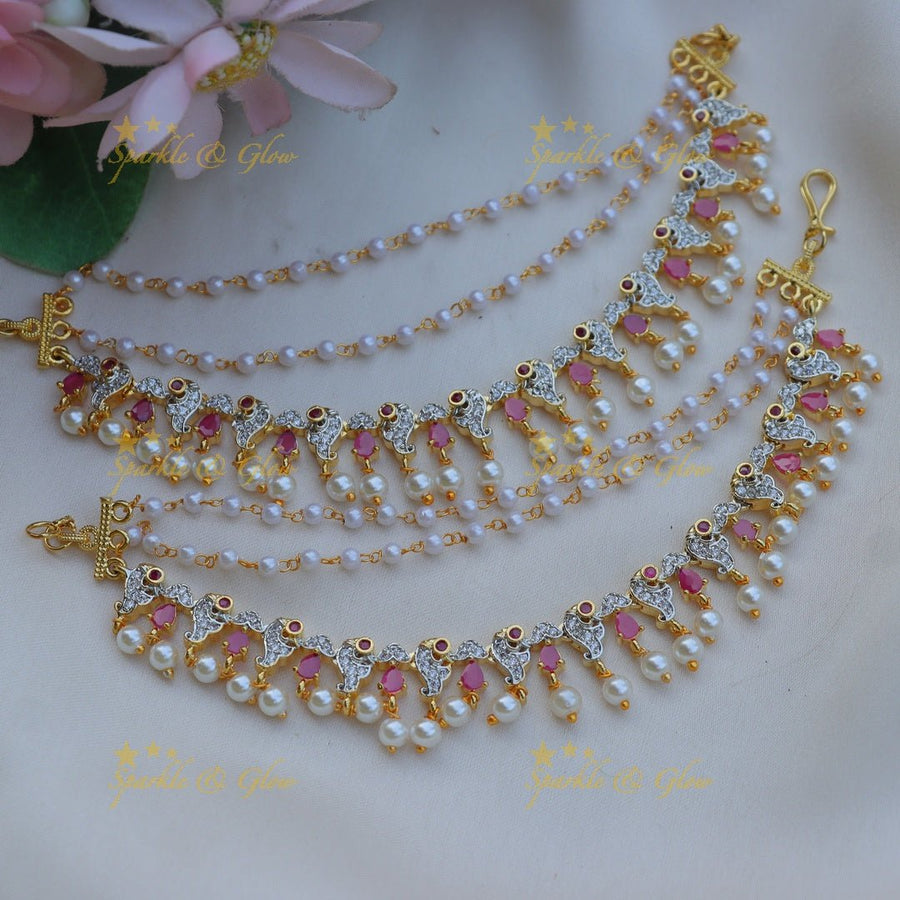 Beautiful Peacock design AD Earchain with pearls - Green - Sparkle and Glow - Ruby - 