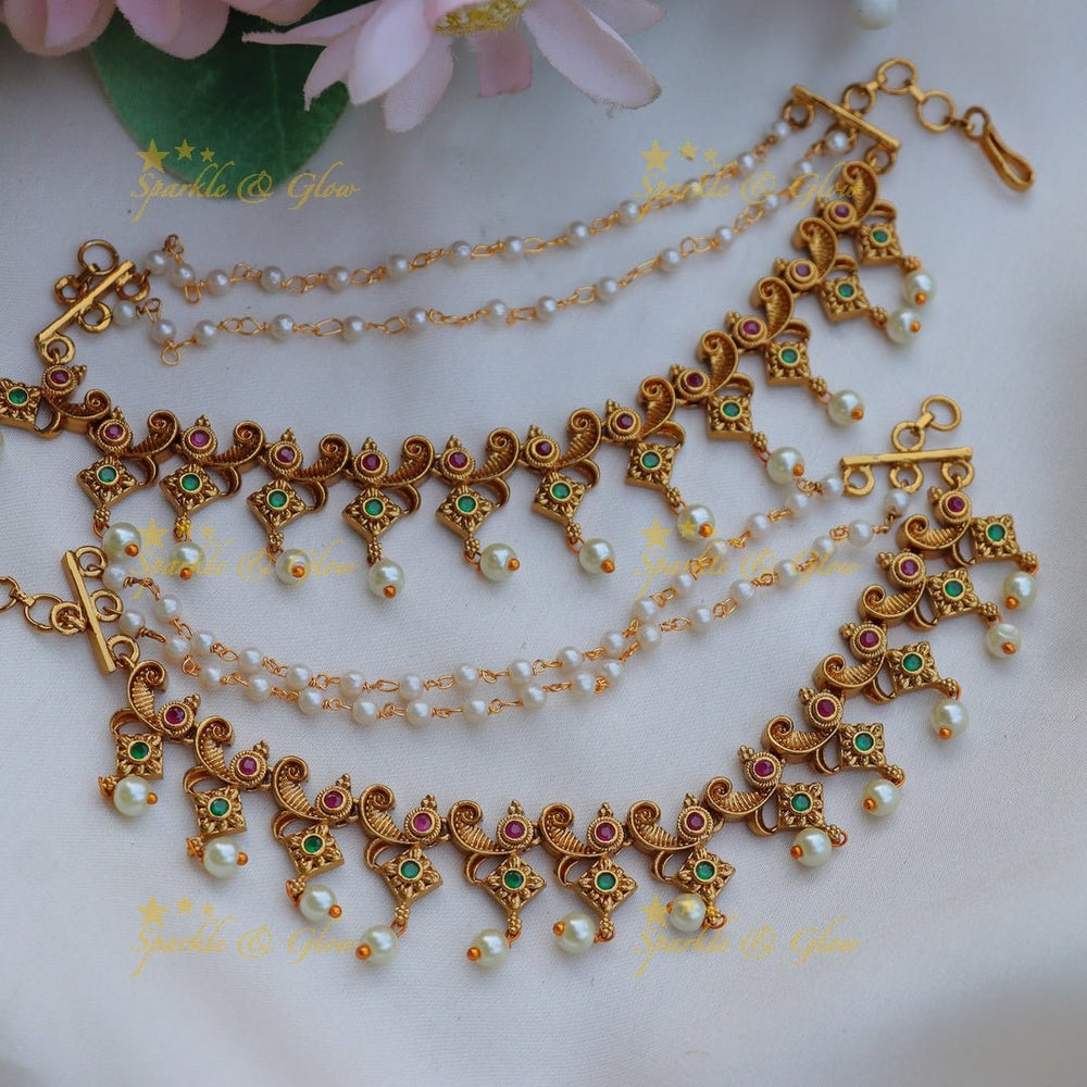 Elegant Peacock Floral Kemp Earchain with pearls - Sparkle and Glow - 