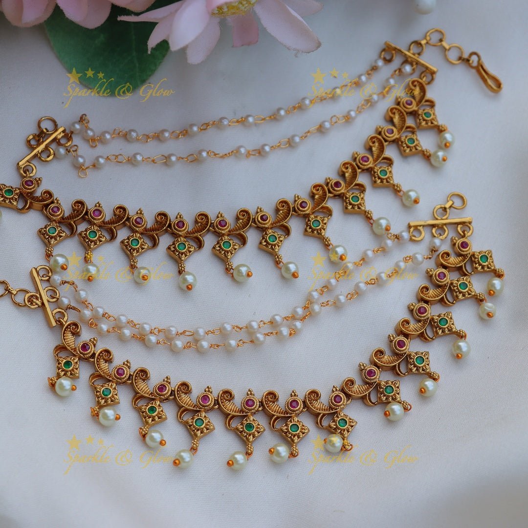 Elegant Peacock Floral Kemp Earchain with pearls - Sparkle and Glow - 