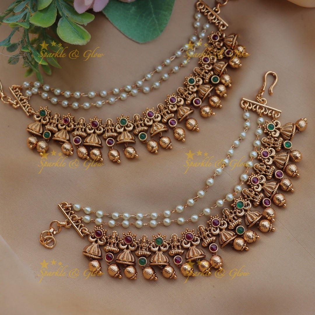 Stunning Idol Lakshmi with Bell design Kemp Earchain - Sparkle and Glow - 