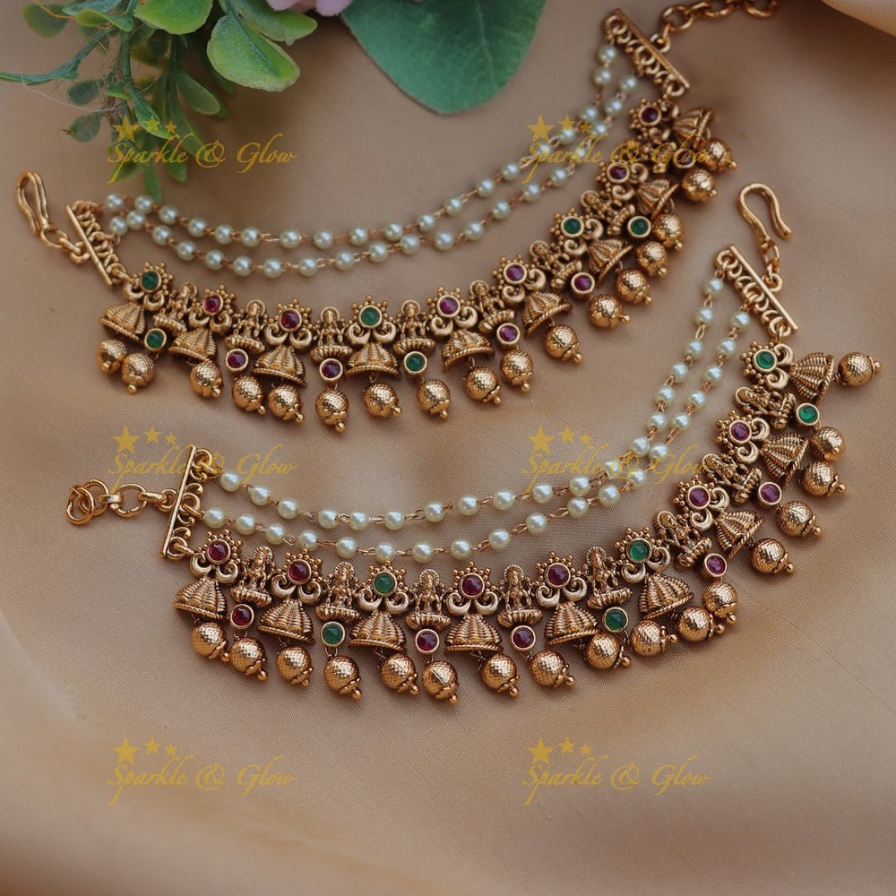 Stunning Idol Lakshmi with Bell design Kemp Earchain - Sparkle and Glow - 