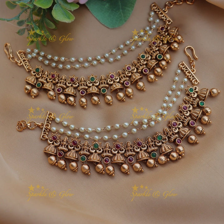 Stunning Idol Lakshmi with Bell design Kemp Earchain - Sparkle and Glow - 