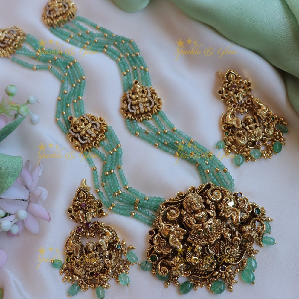 Stunning Idol Lakshmi Elephant carved layered haram with mintgreen beads - Sparkle and Glow - Back Thread - 