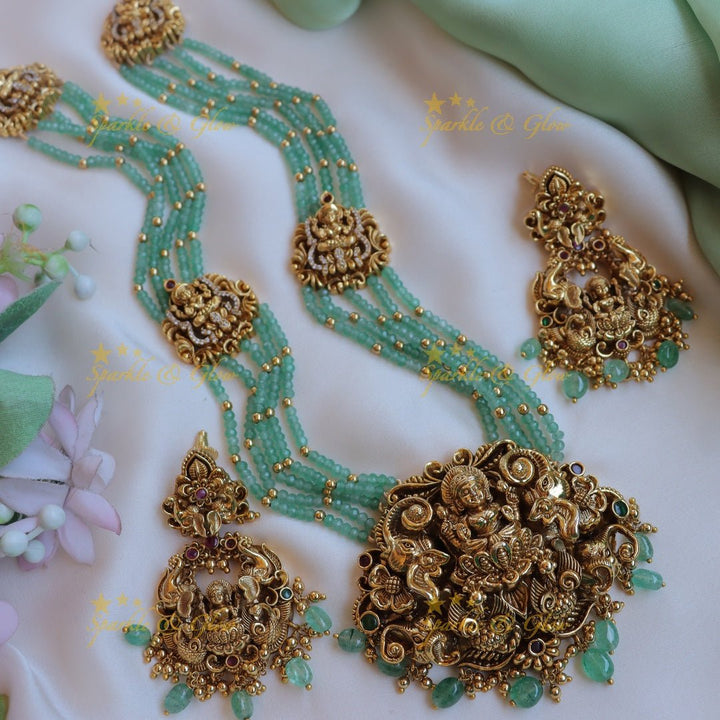 Stunning Idol Lakshmi Elephant carved layered haram with mintgreen beads - Sparkle and Glow - Back Thread - 