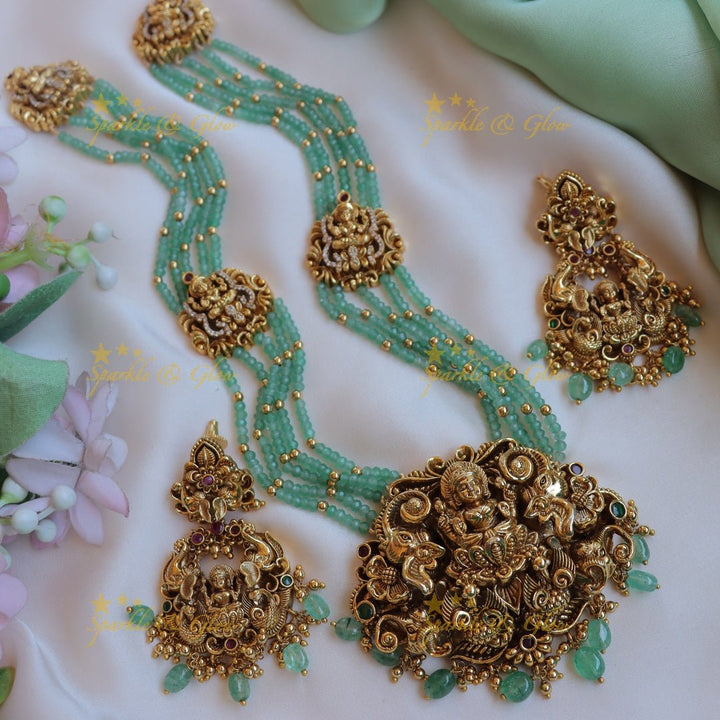 Stunning Idol Lakshmi Elephant carved layered haram with mintgreen beads - Sparkle and Glow - Back Thread - 