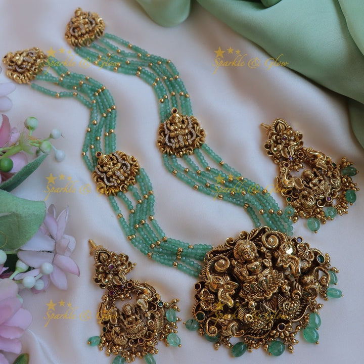 Stunning Idol Lakshmi Elephant carved layered haram with mintgreen beads - Sparkle and Glow - Back Thread - 