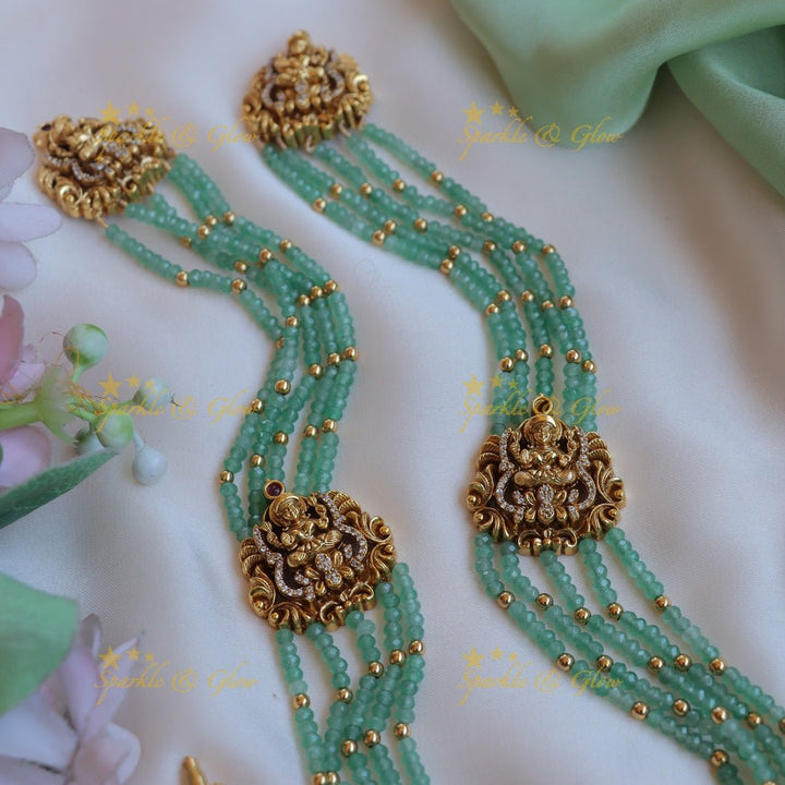 Stunning Idol Lakshmi Elephant carved layered haram with mintgreen beads - Sparkle and Glow - Back Thread - 