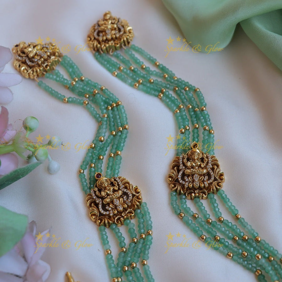 Stunning Idol Lakshmi Elephant carved layered haram with mintgreen beads - Sparkle and Glow - Back Thread - 