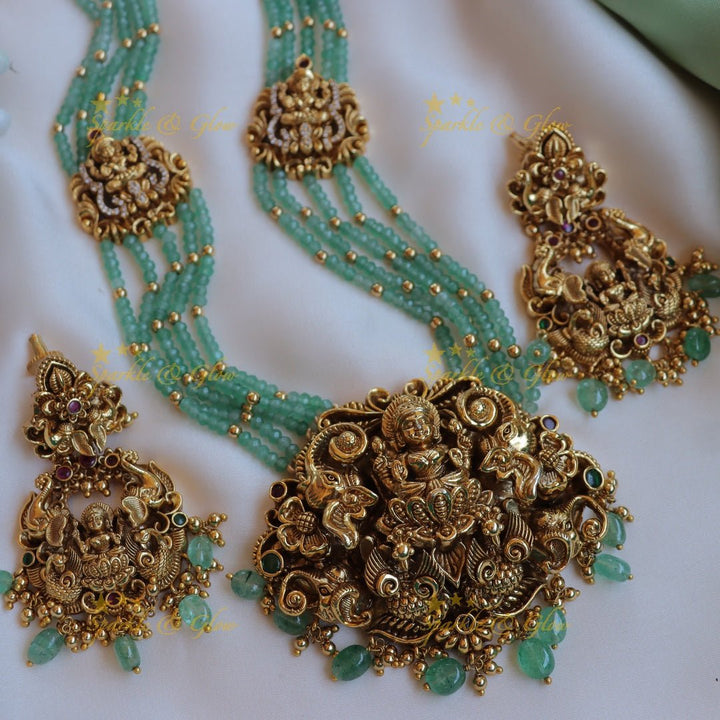 Stunning Idol Lakshmi Elephant carved layered haram with mintgreen beads - Sparkle and Glow - Back Thread - 