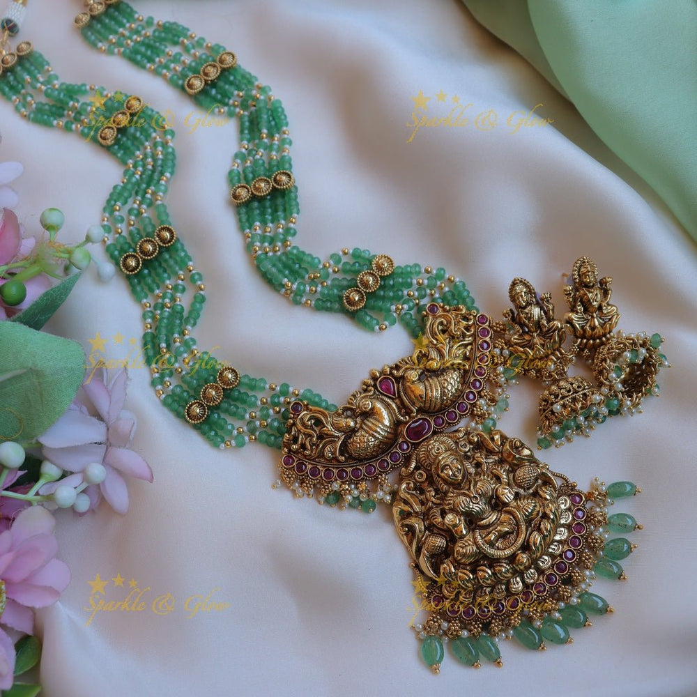 Grand dual tone Peacock Lakshmi carved beaded haram - Sparkle and Glow - Back Thread - 