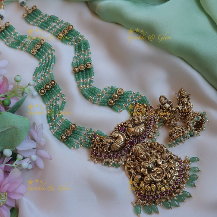 Grand dual tone Peacock Lakshmi carved beaded haram - Sparkle and Glow - Back Thread - 