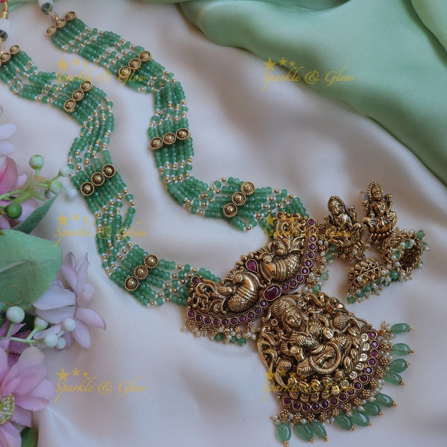 Grand dual tone Peacock Lakshmi carved beaded haram - Sparkle and Glow - Back Thread - 