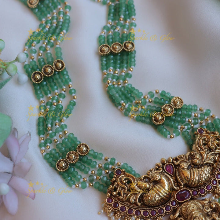 Grand dual tone Peacock Lakshmi carved beaded haram - Sparkle and Glow - Back Thread - 