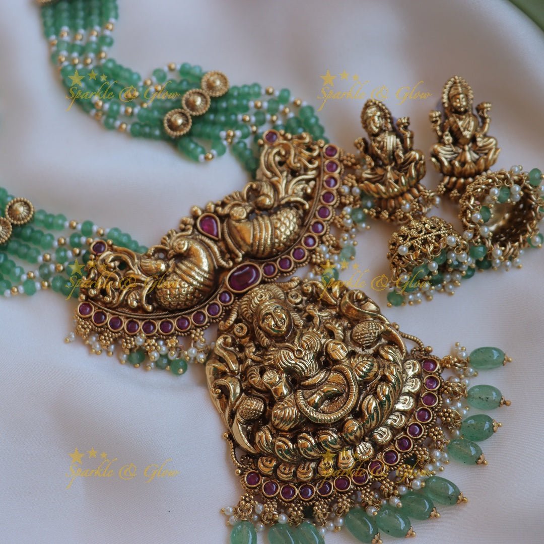 Grand dual tone Peacock Lakshmi carved beaded haram - Sparkle and Glow - Back Thread - 