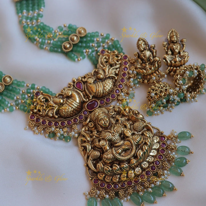 Grand dual tone Peacock Lakshmi carved beaded haram - Sparkle and Glow - Back Thread - 