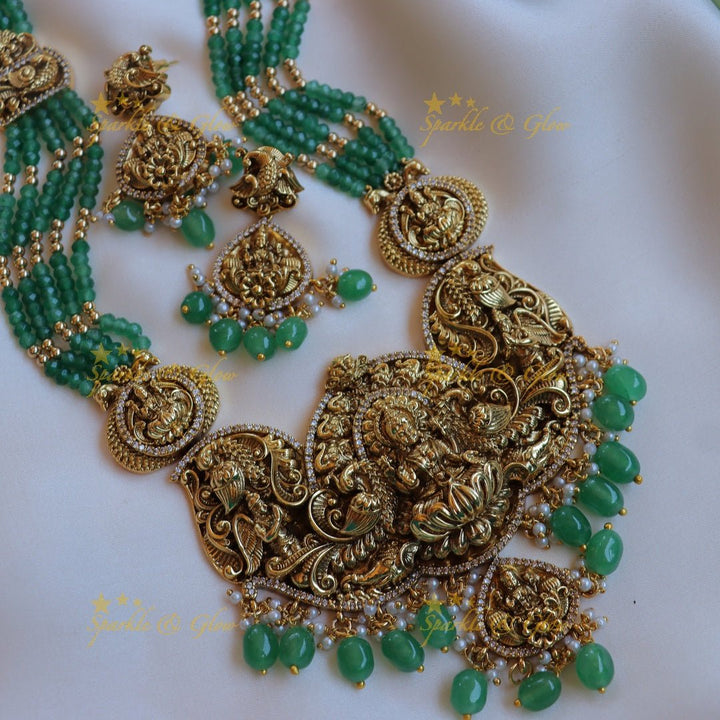 Grand Idol Lakshmi Peacock carved Beaded Haram - Sparkle and Glow - Back Thread - 