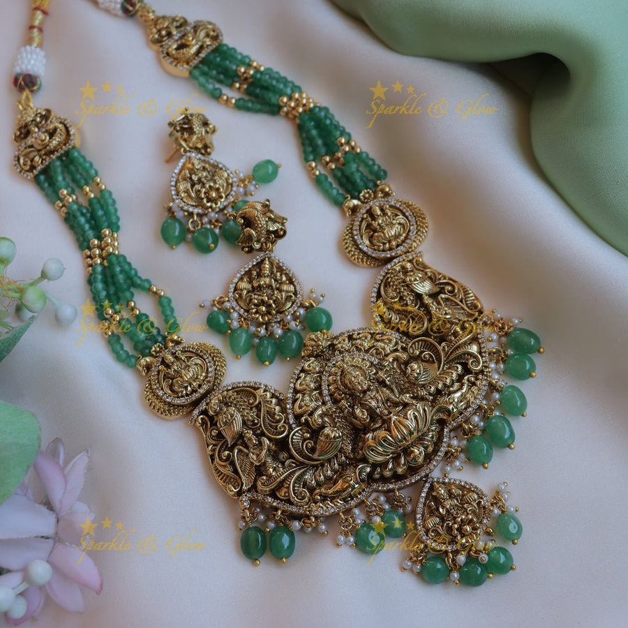 Grand Idol Lakshmi Peacock carved beaded short necklace - Sparkle and Glow - Back Thread - 