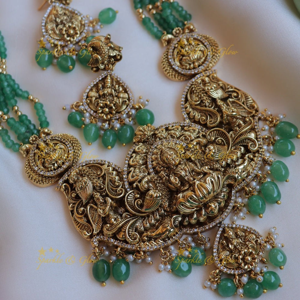 Grand Idol Lakshmi Peacock carved beaded short necklace - Sparkle and Glow - Back Thread - 
