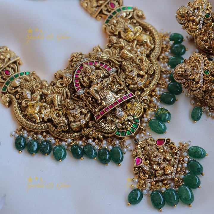 Grand Idol Lakshmi Elephant carved beaded haram - Sparkle and Glow - Back Thread - 